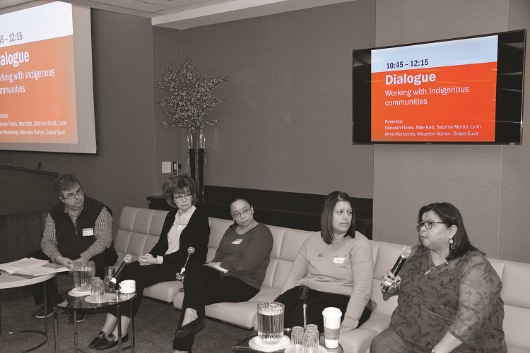 On Jan. 24, RNAO staff gathered for an education day that included a panel discussion focused on the association’s work with Indigenous communities. Panelists included (from right): RNAO membership associate Maureen Norton, IABPG program managers Sabrina Merali and Grace Suva, and IABPG guideline development methodologist Deborah Flores. The discussion was moderated by the association’s senior writer Jonathan Sher (far left). 