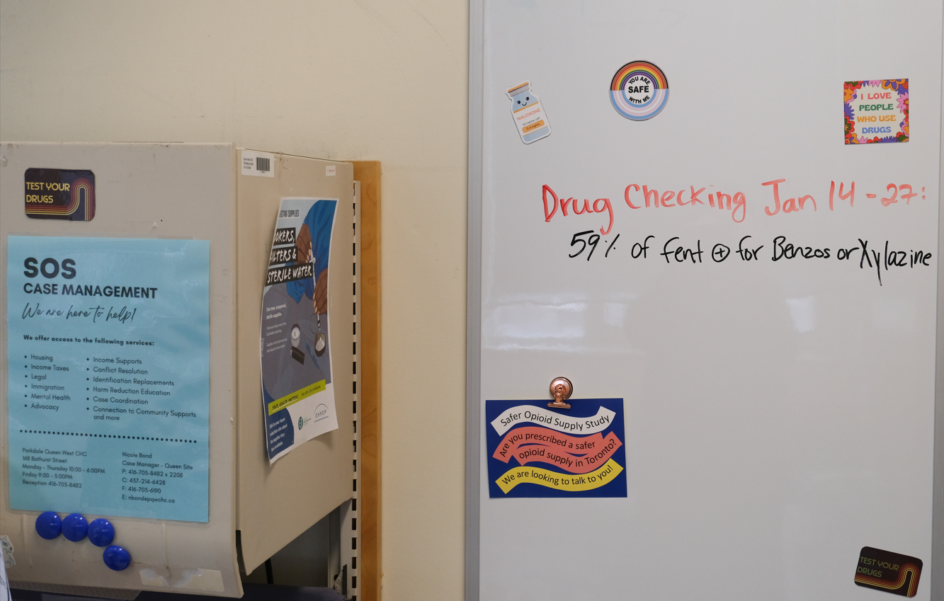 Every few weeks, Waraksa updates the whiteboard in her office with the latest data from Toronto's drug checking services.