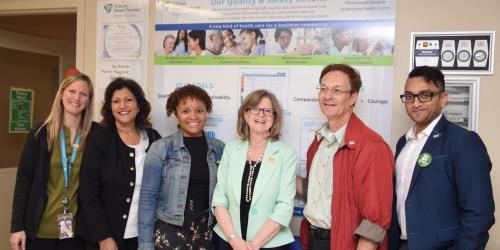 MPP candidates from three of the major parties visited Mississauga’s Credit Valley Hospital on May 10. PC candidate Nina Tangri (second from left), Liberal candidate Bob Delaney (second from right) and Green Party candidate Abhijeet Manay (right) joined RNAO CEO Doris Grinspun (centre) for a visit with nurses on a surgical unit, including Nicole James (left) and Dian Williams (third from left)