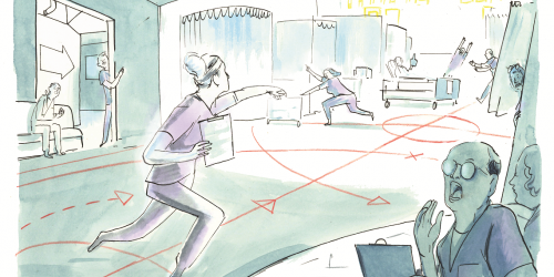 Illustration of nurses in unit with sports play arrows on floor. 