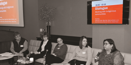 On Jan. 24, RNAO staff gathered for an education day that included a panel discussion focused on the association’s work with Indigenous communities. Panelists included (from right): RNAO membership associate Maureen Norton, IABPG program managers Sabrina Merali and Grace Suva, and IABPG guideline development methodologist Deborah Flores. The discussion was moderated by the association’s senior writer Jonathan Sher (far left). 