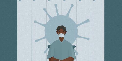 Nurse in PPE in front of a hospital divider. An image of a virus is behind her. 