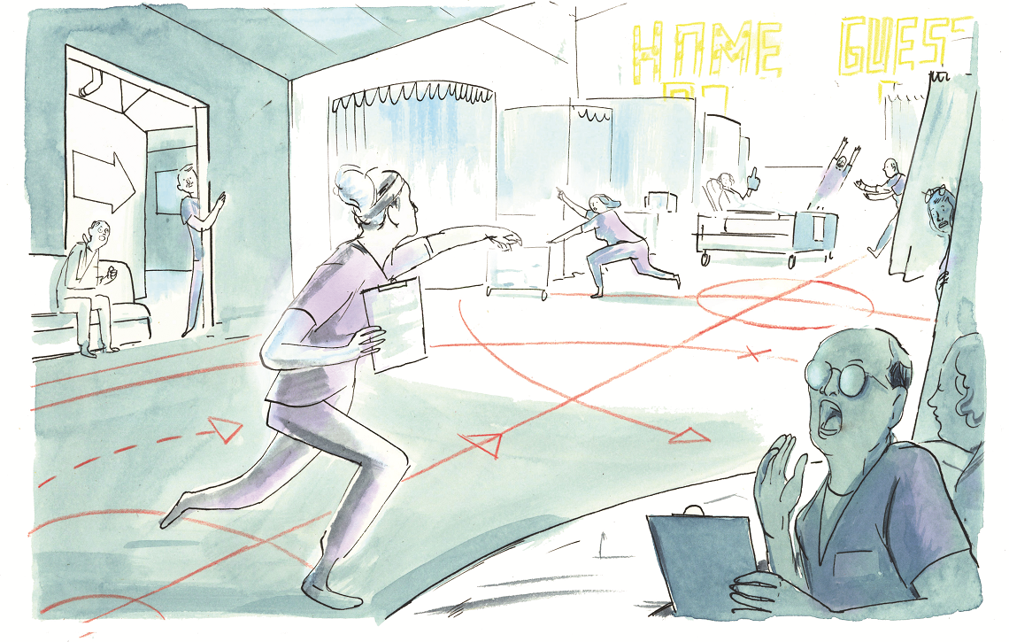 Illustration of nurses in unit with sports play arrows on floor. 