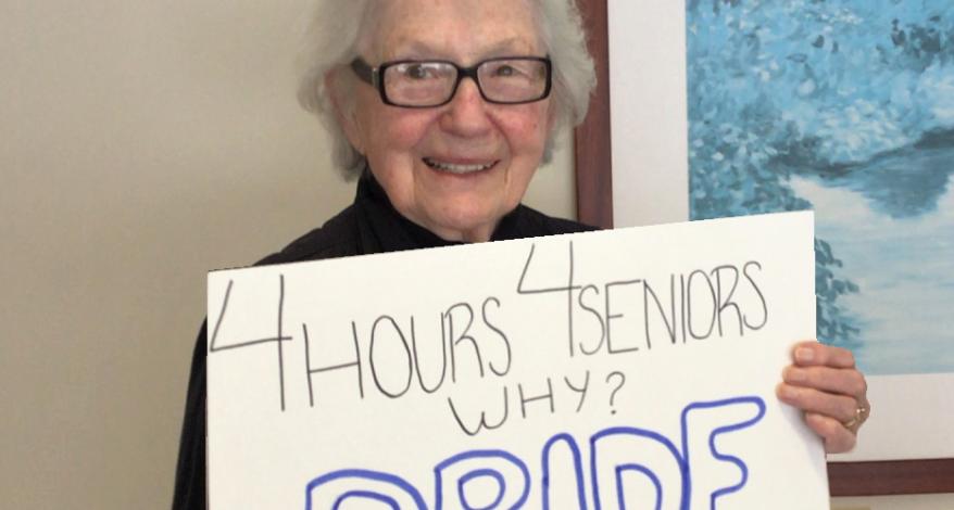 June Prokop's sign for #4Hours4Seniors campaign