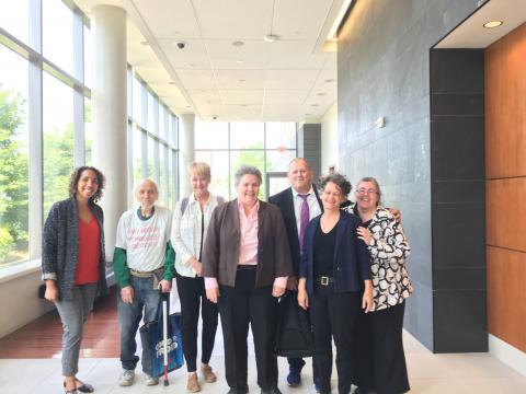 Attending the Faulkner Inquest on June 12 are (from left): Ramata Tarawally (RNAO policy placement graduate nursing student), Don Weitz (concerned community member), Cathy Crowe (street nurse), Karen Andrews (ACTO lawyer representing RNAO/coalition), Michael Creek (RNAO Patient and Public Engagement Council member), Tracy Heffernan (ACTO lawyer representing RNAO/coalition), and RNAO senior policy analyst Lynn Anne Mulrooney. 