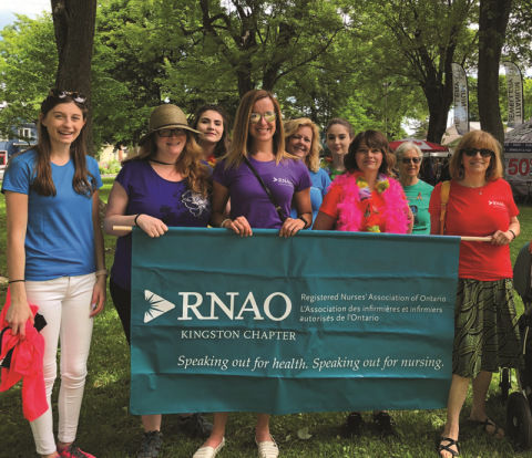 Representing nurses on June 16 were local members (L to R, front) Amber Johnson, Dawn Cole, Andrea Rochon, Allison Kern (chapter president), Susan Potvin, and (L to R, back) Emma Hodgson, Romney Pierog, Mandi Highfield and Jean Clipsham.