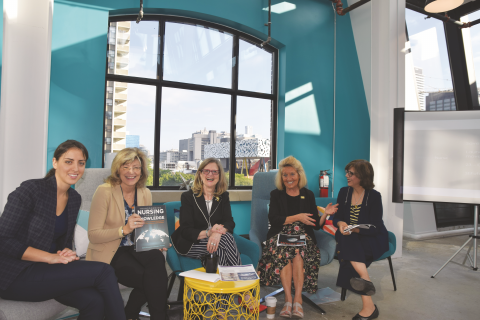 At an SE Futures Open Book Club event. (from left) SE Health (formerly Saint Elizabeth) RN and clinical solutions specialist Felicia Kontopidis, SE CEO Shirlee Sharkey, RNAO CEO Doris Grinspun, and former IABPG directors Irmajean Bajnok (second from right) and Tazim Virani (right), now SE Global managing director.