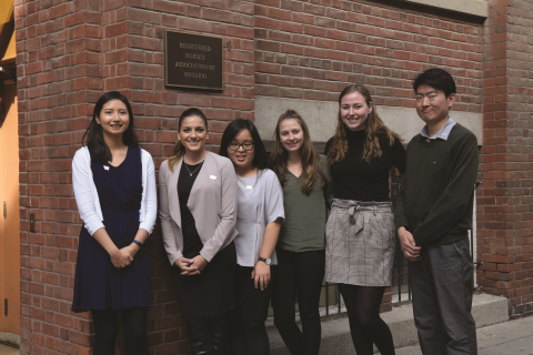 Nursing students (from left) Gillian Lam, Juliann Gueli, Susan Hu, Rebecca Carswell, Lauren Allison and Yang Li joined RNAO’s board of directors and assembly members this fall (Oct. 10-13) to learn how RNAO’s leaders make decisions and discuss the priorities of the association and profession.  