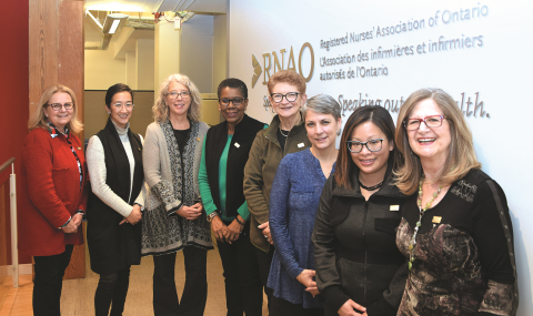 Recipients of RNAO’s HUB fellowship - which offers each the opportunity to shadow Grinspun for one week - came together to speak about their personal growth and leadership style. From left to right: Arlene Burla de la Rocha, Claudia Wong, Sue Grafe, Norma Nicholson, Cheryl Yost, Rebecca Harbridge, and Anita Tsang-Sit with RNAO CEO, Doris Grinspun (right). 