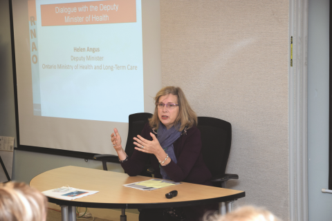 Helen Angus, deputy minister of the Ministry of Health and Long-Term Care, spoke at RNAO’s fifth annual Nurse Practitioner Knowledge Exchange Symposium on Nov. 20. She addressed the room full of NPs with insight on the importance of NPs’ roles as leaders and clinicians. 