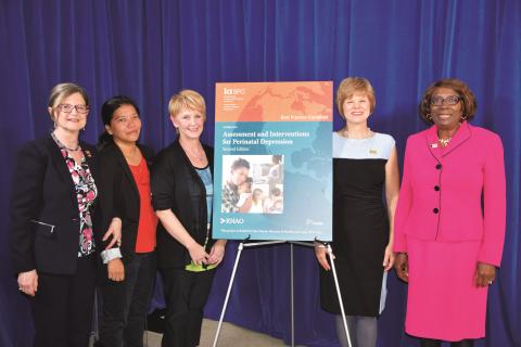 RNAO Region 7 board representative Llamo Dolkar and BPG panel member Sue Bookey-Bassett shared their lived experiences with perinatal depression. Also at the podium were: (left) Doris Grinspun, RNAO CEO; and (right and second from right, respectively) RNAO President Angela Cooper Brathwaite and Katherine Wallace, the RNAO manager who led the development of the guideline.