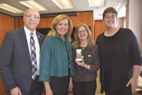 Health Minister Christine Elliott (second from left) met with RNAO and other members of the Ontario Primary Care Council (OPCC) in January to discuss strategies to improve primary care. (From left): Allan Malek, Ontario Pharmacists Association; RNAO CEO Doris Grinspun; and Kate Mulligan, Alliance for Healthier Communities. Adrianna Tetley, also with Alliance for Healthier Communities, joined the meeting (and photo) by phone. The meeting helped OPCC members to gain a sense of the government’s priorities.