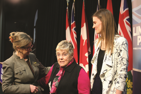 Progressive Conservative MPP Lindsey Park (right) with ‘golden girl’ RN and RNAO member Sandy McCully (centre) and RNAO CEO Doris Grinspun (left) at Queen’s Park. 