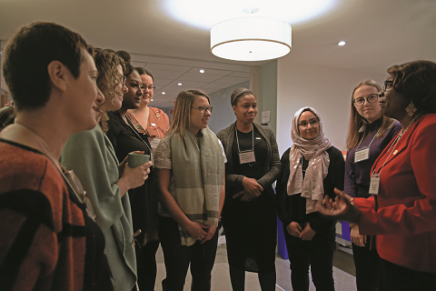  As part of a placement in February, nursing students from across Ontario attended RNAO’s Queen’s Park Day and met with the association’s board of directors. RNAO President Angela Cooper Brathwaite (right) chats with (from left): Loreta Doga, Humber College; Chelsie Gibouleau, Ryerson University; Tehiysia Tello, UOIT; Elizabeth Radey, Nipissing University; Adriana Congi, University  of Windsor; Terrisha Lawrence, UOIT; Mahnoor Javed, University of Windsor; and Emma Woodside, Western University. 