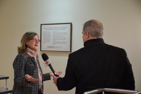 RNAO CEO Doris Grinspun spoke with TV reporter Sébastien St-Francois (right) from Radio Canada on Jan. 27 about COVID-19. RNAO has spoken out about the lessons learned from the 2003 SARS outbreak and the need to follow the precautionary principle. 