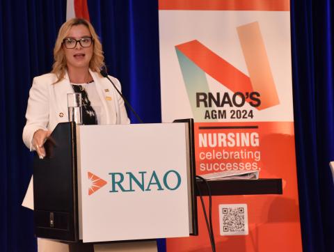 RN Natalia Kusendova-Bashta at RNAO’s AGM opening ceremony on June 20.  Photo credit: RNAO