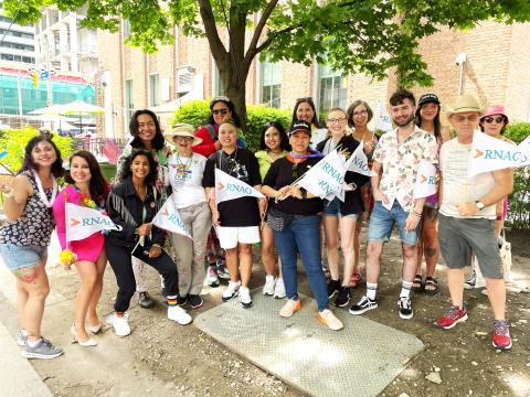 Nurses and allies march at Pride on June 30 with Grinspun (fifth from left) and Dolkar (seventh from right, front).  Photo credit: RNAO