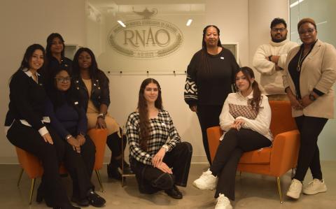 Student placement participants: (clockwise in left chair) Najot Osheen Dhillon, Cecilia Hussanee, Oluwatobi Akinwekomi and Hilda Konadu Danquah (seated), (centre) Aveen Abdoli-Eramaki, and (clockwise from top left in right chair) Christine Wallace, Cryston Pereira, Nilola Klani and Amana Qureshi. 