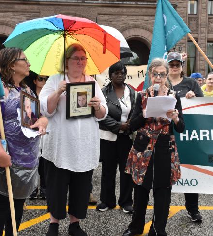 At a May 2024 SCS rally at Queen’s Park, Grinspun calls for greater protections amid a toxic drug crisis.  Photo credit: RNAO