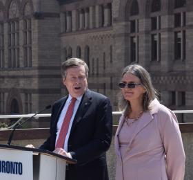 Susan Gapka receives a key to the city from Toronto Mayor John Tory on May 17. 
