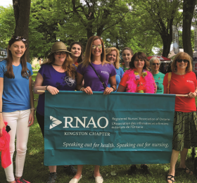 Representing nurses on June 16 were local members (L to R, front) Amber Johnson, Dawn Cole, Andrea Rochon, Allison Kern (chapter president), Susan Potvin, and (L to R, back) Emma Hodgson, Romney Pierog, Mandi Highfield and Jean Clipsham.