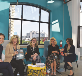 At an SE Futures Open Book Club event. (from left) SE Health (formerly Saint Elizabeth) RN and clinical solutions specialist Felicia Kontopidis, SE CEO Shirlee Sharkey, RNAO CEO Doris Grinspun, and former IABPG directors Irmajean Bajnok (second from right) and Tazim Virani (right), now SE Global managing director.