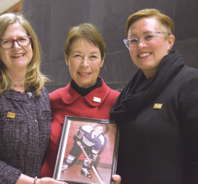 RNAO CEO Doris Grinspun (left) attends the Brad Chapman coroner’s inquest alongside his mother Cori (centre) and sister Leigh. Brad was 43 when he died in 2015.