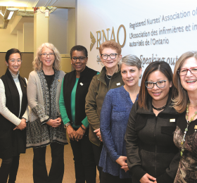 Recipients of RNAO’s HUB fellowship - which offers each the opportunity to shadow Grinspun for one week - came together to speak about their personal growth and leadership style. From left to right: Arlene Burla de la Rocha, Claudia Wong, Sue Grafe, Norma Nicholson, Cheryl Yost, Rebecca Harbridge, and Anita Tsang-Sit with RNAO CEO, Doris Grinspun (right). 