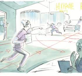 Illustration of nurses in unit with sports play arrows on floor. 