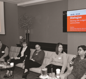 On Jan. 24, RNAO staff gathered for an education day that included a panel discussion focused on the association’s work with Indigenous communities. Panelists included (from right): RNAO membership associate Maureen Norton, IABPG program managers Sabrina Merali and Grace Suva, and IABPG guideline development methodologist Deborah Flores. The discussion was moderated by the association’s senior writer Jonathan Sher (far left). 