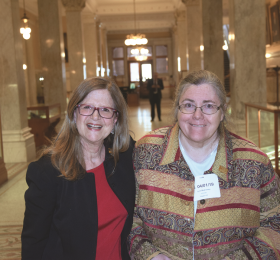  (From left) RNAO CEO Doris Grinspun and senior policy analyst Lynn Anne Mulrooney visited Queen’s Park on April 1 to present RNAO’s submission on Bill 74, legislation that will re-organize the health system with the creation of Ontario Health and Ontario Health Teams. In their presentation, they highlighted RNAO’s support for a person-centred, seamless health-care system with primary care as the anchor. To read more, visit RNAO.ca/Bill74submission. 