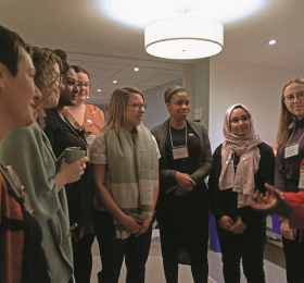  As part of a placement in February, nursing students from across Ontario attended RNAO’s Queen’s Park Day and met with the association’s board of directors. RNAO President Angela Cooper Brathwaite (right) chats with (from left): Loreta Doga, Humber College; Chelsie Gibouleau, Ryerson University; Tehiysia Tello, UOIT; Elizabeth Radey, Nipissing University; Adriana Congi, University  of Windsor; Terrisha Lawrence, UOIT; Mahnoor Javed, University of Windsor; and Emma Woodside, Western University. 