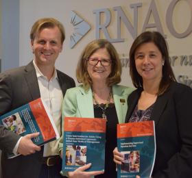 Toronto municipal councillor and board of health chair Joe Cressy (left), along with the city’s medical officer of health Eileen de Villa (right), visited RNAO CEO Doris Grinspun on Sept. 19, the same day the pair made public their recommendation that the province consider preventing parents from exempting their children from vaccines on philosophical or religious grounds. Their recommendation was passed by the board of health on Sept. 23.