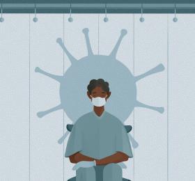 Nurse in PPE in front of a hospital divider. An image of a virus is behind her. 