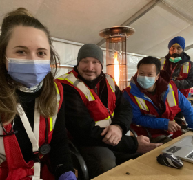 Team Alpha staying warm on the night shift at the Krakovets, UA/ Korczowa, PL border.  L-R RN Jordan Lenz, RN Brandon Duncan, Dr. Anthony Fong, RN Ameek Singh. 
