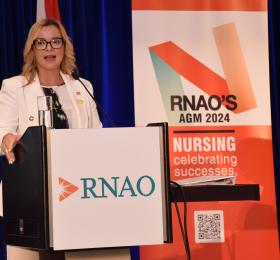 RN Natalia Kusendova-Bashta at RNAO’s AGM opening ceremony on June 20.  Photo credit: RNAO