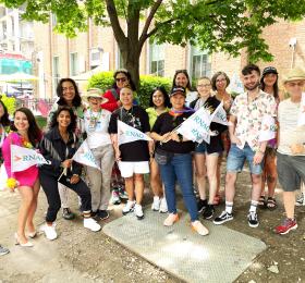 Nurses and allies march at Pride on June 30 with Grinspun (fifth from left) and Dolkar (seventh from right, front).  Photo credit: RNAO